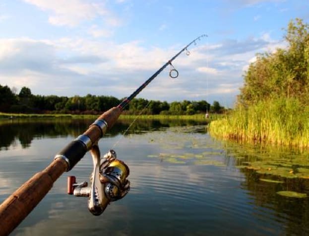 A person fishing in the water with a rod and reel.